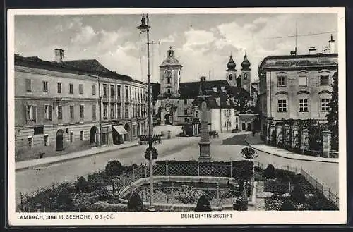 AK Lambach /Ob.-Oe., Benediktinerstift mit Denkmal