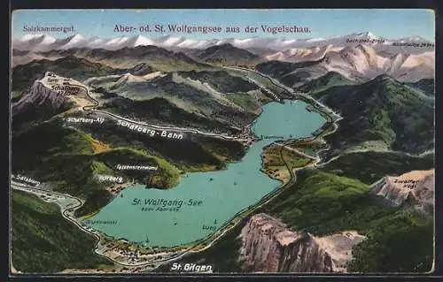 AK St. Wolfgang, Ortsansicht, Aber-od. St. Wofgangsee aus der Vogelschau