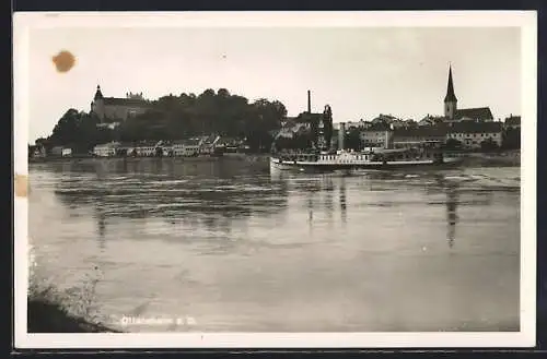 AK Ottensheim, Blick über die Donau auf den Ort, Dampfer Hebe