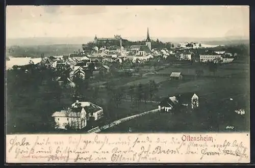 AK Ottensheim, Ortsansicht mit Kirche und Felder aus der Vogelschau