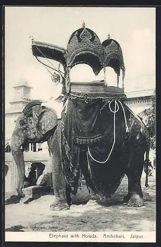 AK geschmückter und bemalter Elefant trägt Sitz mit Baldachin auf Rücken, Elephant with Howda, Amehari, Jaipur