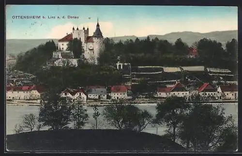 AK Ottensheim b. Linz, Ortsansicht über den Fluss