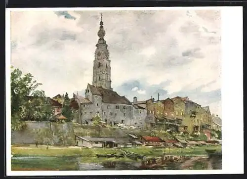 Lithographie Braunau am Inn, Teilansicht mit Kirchturm