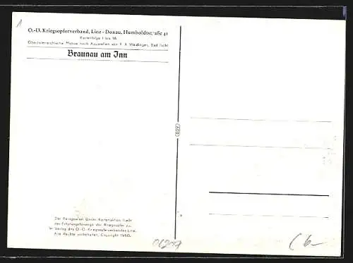 Lithographie Braunau am Inn, Teilansicht mit Kirchturm