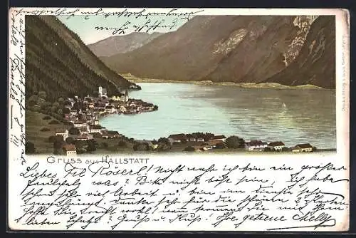 Lithographie Hallstatt, Totalansicht aus der Vogelschau