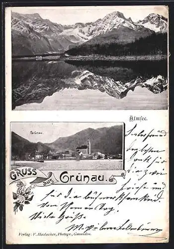 AK Grünau, Almsee gegen die Berge, Ortsansicht