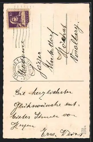 AK Kleines Harlekinpaar feiert um Schlag Zwölf auf der Turmuhr, Neujahrsgruss