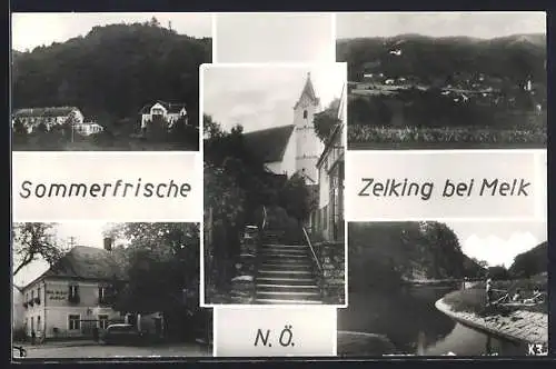 AK Zelking bei Melk /N.-Ö., Gasthof von Fritz Erber, Flussbad und Kirche