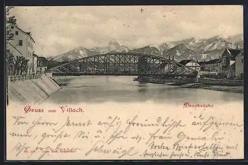 AK Villach, Draubrücke mit Gebirge im Hintergrund