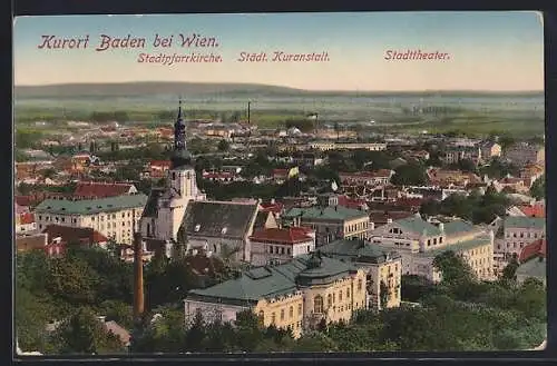 AK Baden, Totalansicht mit Stadtpfarrkirche, Stadttheater aus der Vogelschau