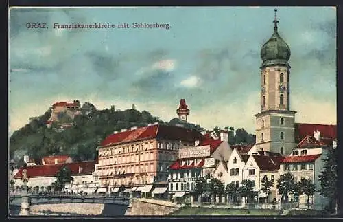 AK Graz, Franziskanerkirche mit Schlossberg