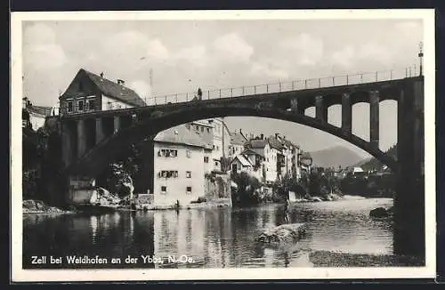 AK Zell bei Waidhofen, Uferpartie mit Brücke