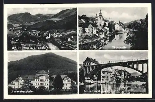 AK Waidhofen a. d. Ybbs, Buchenbergheim, Zeller-Hochbrücke, Ybbspartie