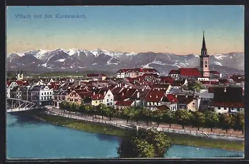 AK Villach, Ortsansicht mit den Karawanken