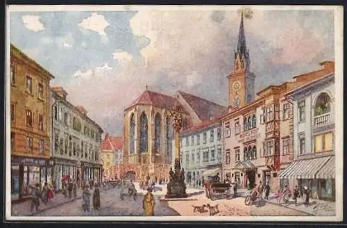 Künstler-AK Villach, Treiben auf dem Hauptplatz, Pferdekutsche, Kirche