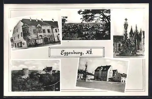 AK Eggenburg, Totalansicht, Strassenpartie mit Geschäft & Brunnen am Stadtplatz