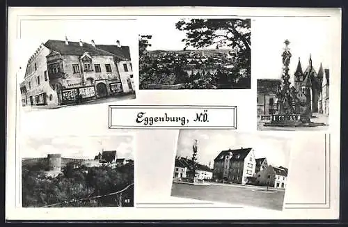 AK Eggenburg, Totalansicht, Strassenpartie mit Geschäft & Brunnen am Stadtplatz