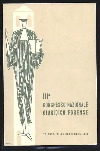 Künstler-AK Trieste, IIIo Congresso Nazionale Giuridico Forense 1955, Richter mit Gesetzbuch, Jura