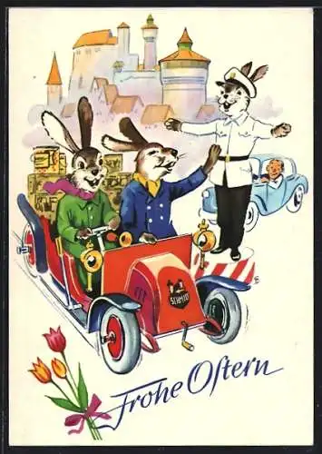 AK Nürnberg, Reklame der Firma E. Otto Schmidt Honigversand, Osterhasen im Auto, Frohe Ostern!