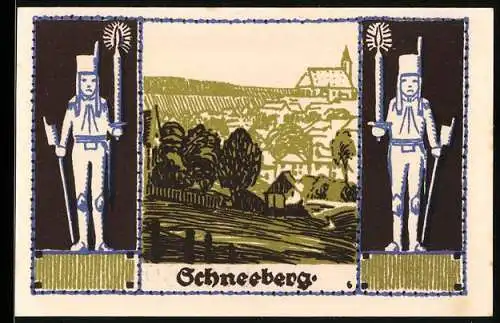 Notgeld Schneeberg 1921, 50 Pfennig, Bergmann mit Stadtansicht, Wappen und Seriennummer 140170