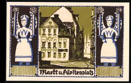 Notgeld Schneeberg 1921, 50 Pfennig, Marktansicht mit Figuren, Seriennummer, Wappen und drei Männer