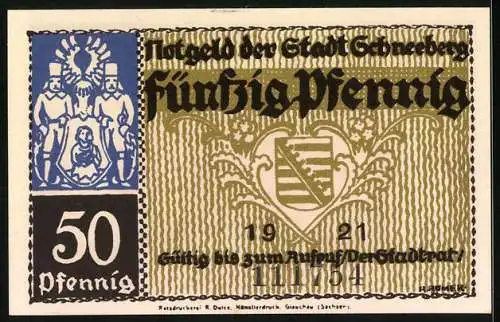 Notgeld Schneeberg 1921, 50 Pfennig, Marktansicht mit Figuren, Seriennummer, Wappen und drei Männer