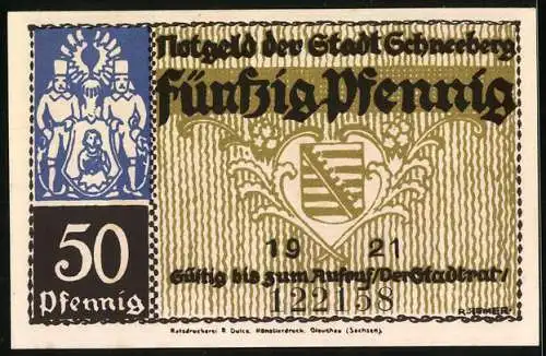 Notgeld Schneeberg 1921, 50 Pfennig, Stadtwappen, Dorfszene und Wachsoldaten, Seriennummer 122158