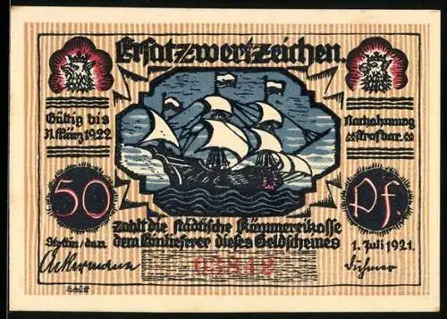 Notgeld Stettin 1921, 50 Pfennig, Segelschiff und Karl Löwe mit Kirche