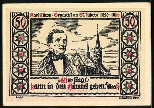 Notgeld Stettin 1921, 50 Pfennig, Segelschiff und Karl Löwe mit Kirche