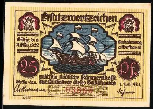 Notgeld Stettin 1921, 25 Pfennig, Segelschiff und Robert Prutz Porträt, Wappen mit Greif