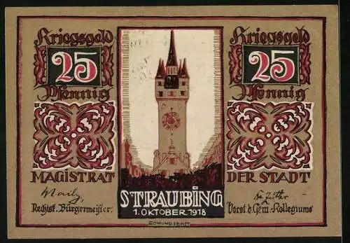 Notgeld Straubing 1918, 25 Pfennig, Turm und florale Ornamente, Seriennummer 155990