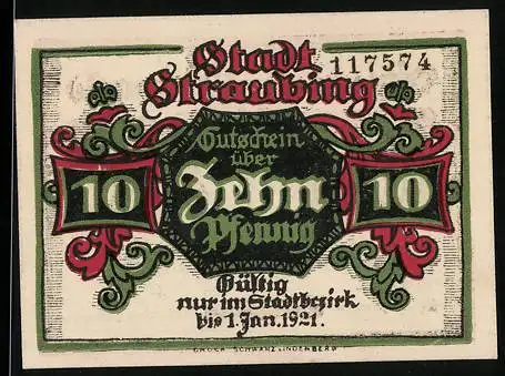 Notgeld Straubing 1918, 10 Pfennig, dekorative Schrift und Wappen, Seriennummer 117574