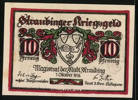 Notgeld Straubing 1918, 10 Pfennig, dekorative Schrift und Wappen, Seriennummer 117574