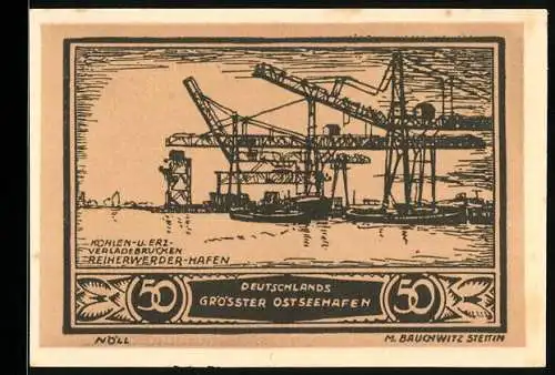 Notgeld Stettin 1921, 50 Pfennig, Kohlen- und Erzverladebrücken Reiherwerder-Hafen, Seriennummer 43505