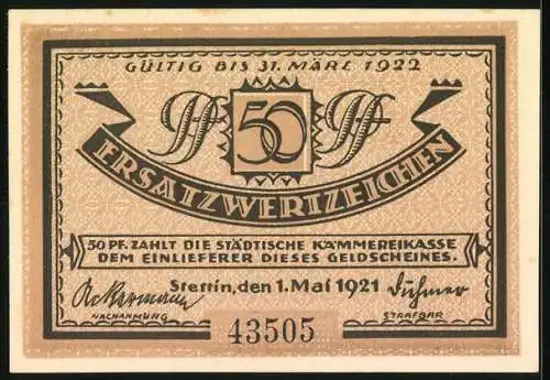 Notgeld Stettin 1921, 50 Pfennig, Kohlen- und Erzverladebrücken Reiherwerder-Hafen, Seriennummer 43505