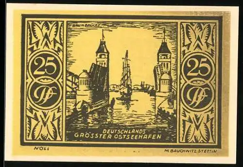 Notgeld Stettin 1921, 25 Pfennig, Deutschlands grösster Ostseehafen, Seriennummer 14605