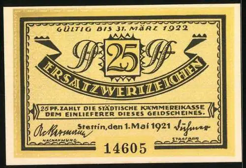 Notgeld Stettin 1921, 25 Pfennig, Deutschlands grösster Ostseehafen, Seriennummer 14605