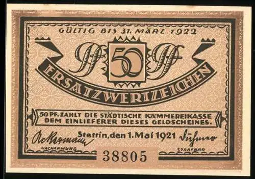 Notgeld Stettin 1921, 50 Pfennig, Vulcan-Werft und Deutschlands grösster Ostseehafen, Seriennummer 38805