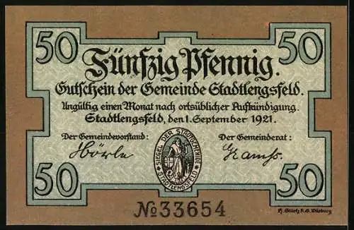 Notgeld Stadtlengsfeld 1921, 50 Pfennig, Mannn stiehlt Schatz der Zwerge, Seriennummer 33654, Stadtwappen