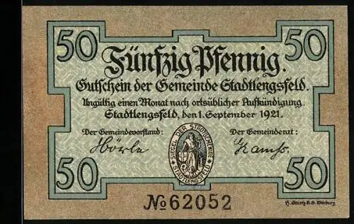 Notgeld Stadtlengsfeld 1921, 50 Pfennig, Schäfer unter Baum, Nr. 62052, Stadtwappen