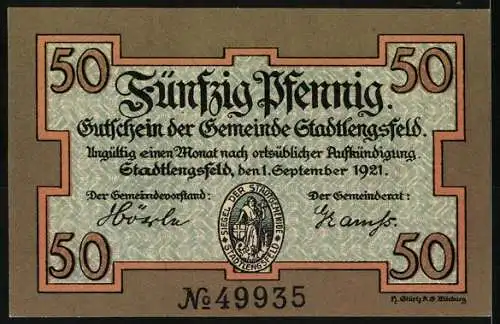 Notgeld Stadtlengsfeld 1921, 50 Pfennig, Wichtelmann und Schäfer, Seriennummer 49935, Stadtwappen