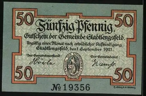 Notgeld Stadtlengsfeld 1921, 50 Pfennig, Schatztruhe im Berg, Nr. 19356, Wappen