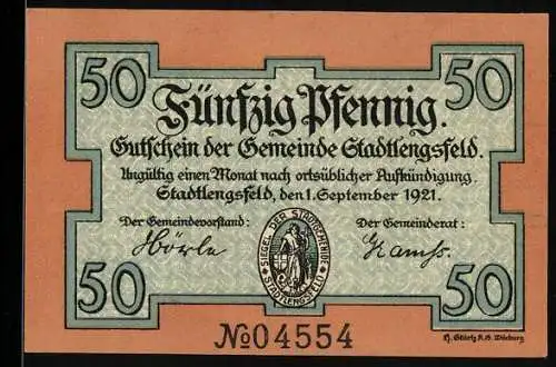 Notgeld Stadtlengsfeld 1921, 50 Pfennig, Schäfer mit Hund und Schafen, Seriennummer 04554, Stadtwappen