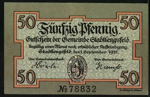 Notgeld Stadtlengsfeld 1921, 50 Pfennig, Schäfer mit Hund und Schafherde, Seriennummer 78832, Stadtwappen