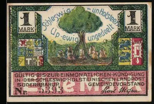 Notgeld Süderbrarup, 1 Mark, Baum und Steine mit Wappen, Festzug mit Fahnen und Wolken