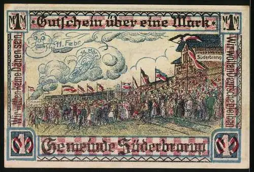 Notgeld Süderbrarup, 1 Mark, Baum und Steine mit Wappen, Festzug mit Fahnen und Wolken