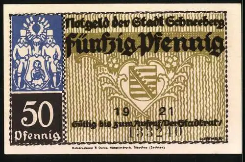 Notgeld Schneeberg 1921, 50 Pfennig, Markt mit Figuren und Wappen, Seriennummer 133240