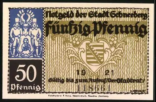 Notgeld Schneeberg 1921, 50 Pfennig, Wäscherinnen und Stadtansicht, Seriennummer 118661, Wappen mit Löwen