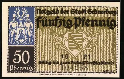 Notgeld Schneeberg 1921, 50 Pfennig, Langgasse mit Soldaten, Wappen und Seriennummer 104268
