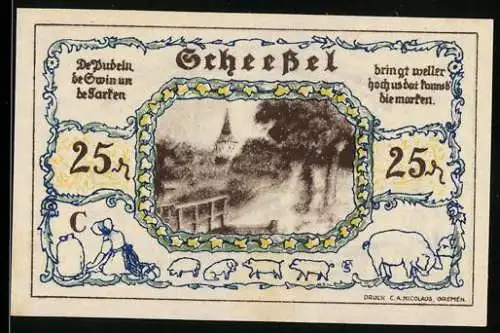 Notgeld Scheessel 1921, 25 Pfennig, ländliche Szene und Trachtenpaar mit Wappen